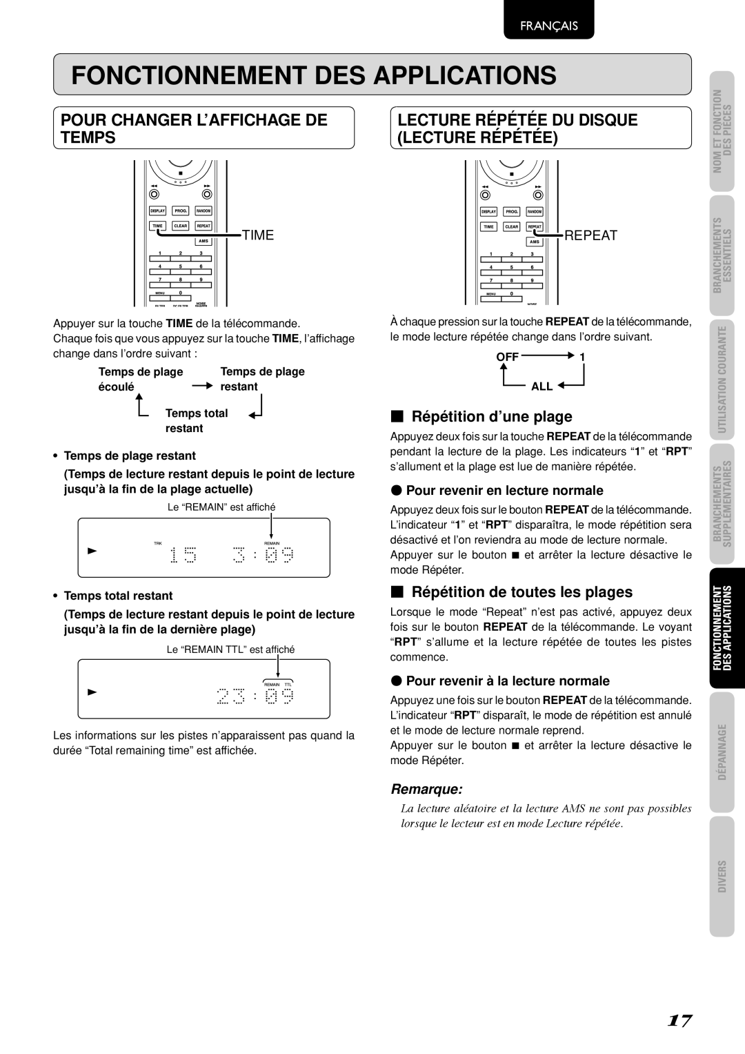 Marantz SA-15S2 manual Pour changer l’affichage de, Lecture Répétée DU Disque, Temps 