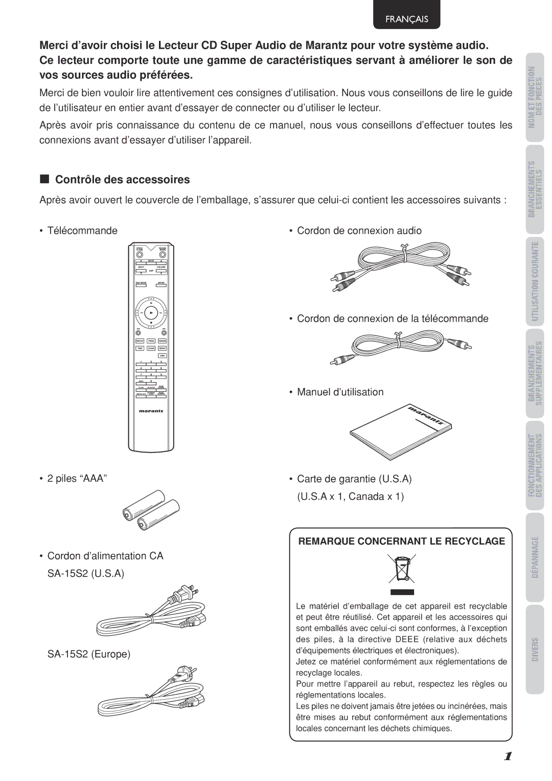 Marantz SA-15S2 manual Contrôle des accessoires, Remarque Concernant LE Recyclage 