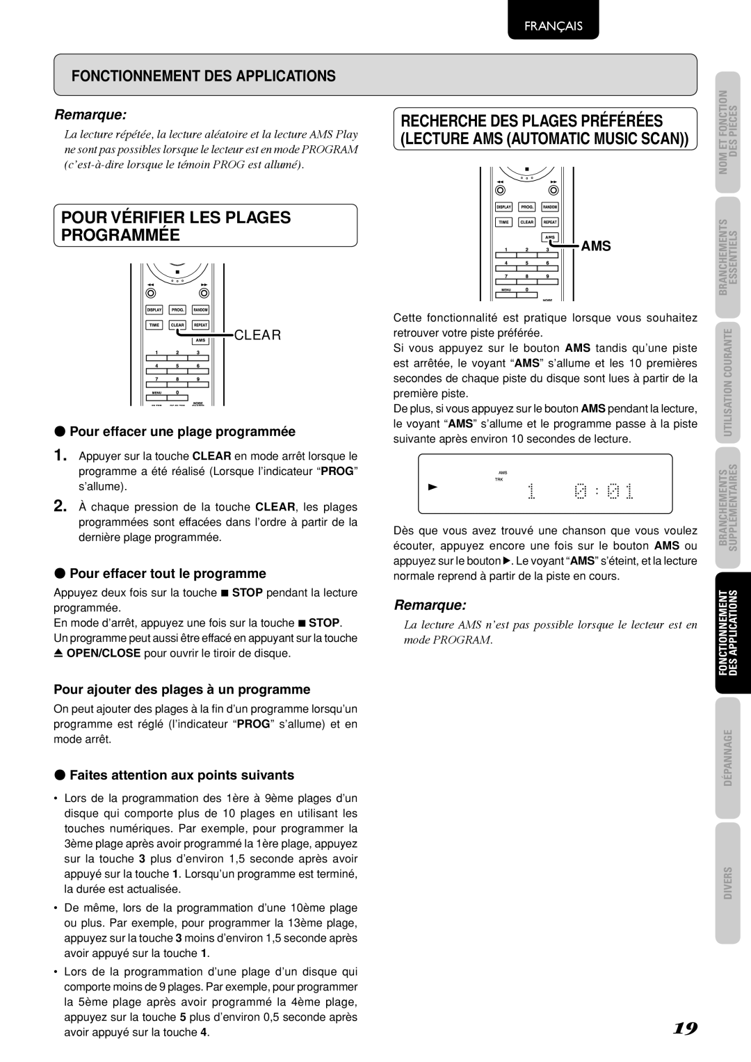 Marantz SA-15S2 manual Pour vérifier les plages programmée, Recherche DES Plages Préférées, Clear, Ams 