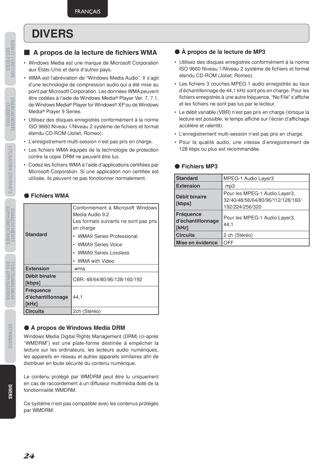 Marantz SA-15S2 manual Divers, Propos de la lecture de fichiers WMA 