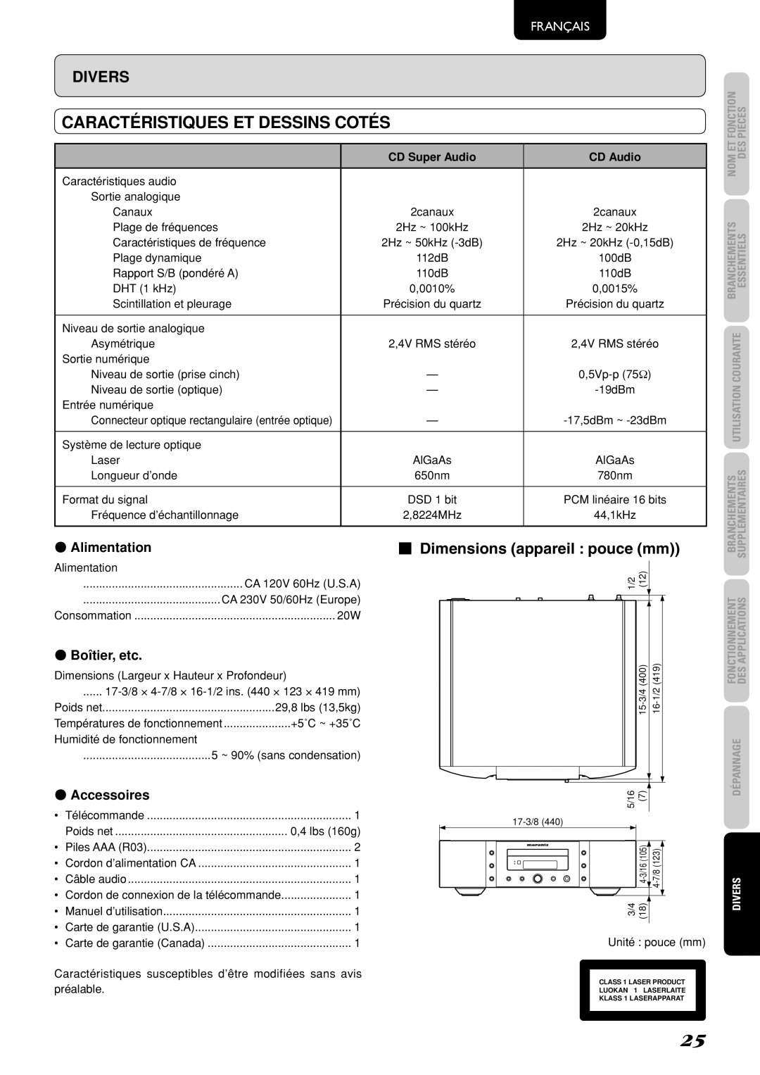 Marantz SA-15S2 manual Caractéristiques ET Dessins Cotés, Dimensions appareil pouce mm, ¶ Alimentation, ¶ Boîtier, etc 