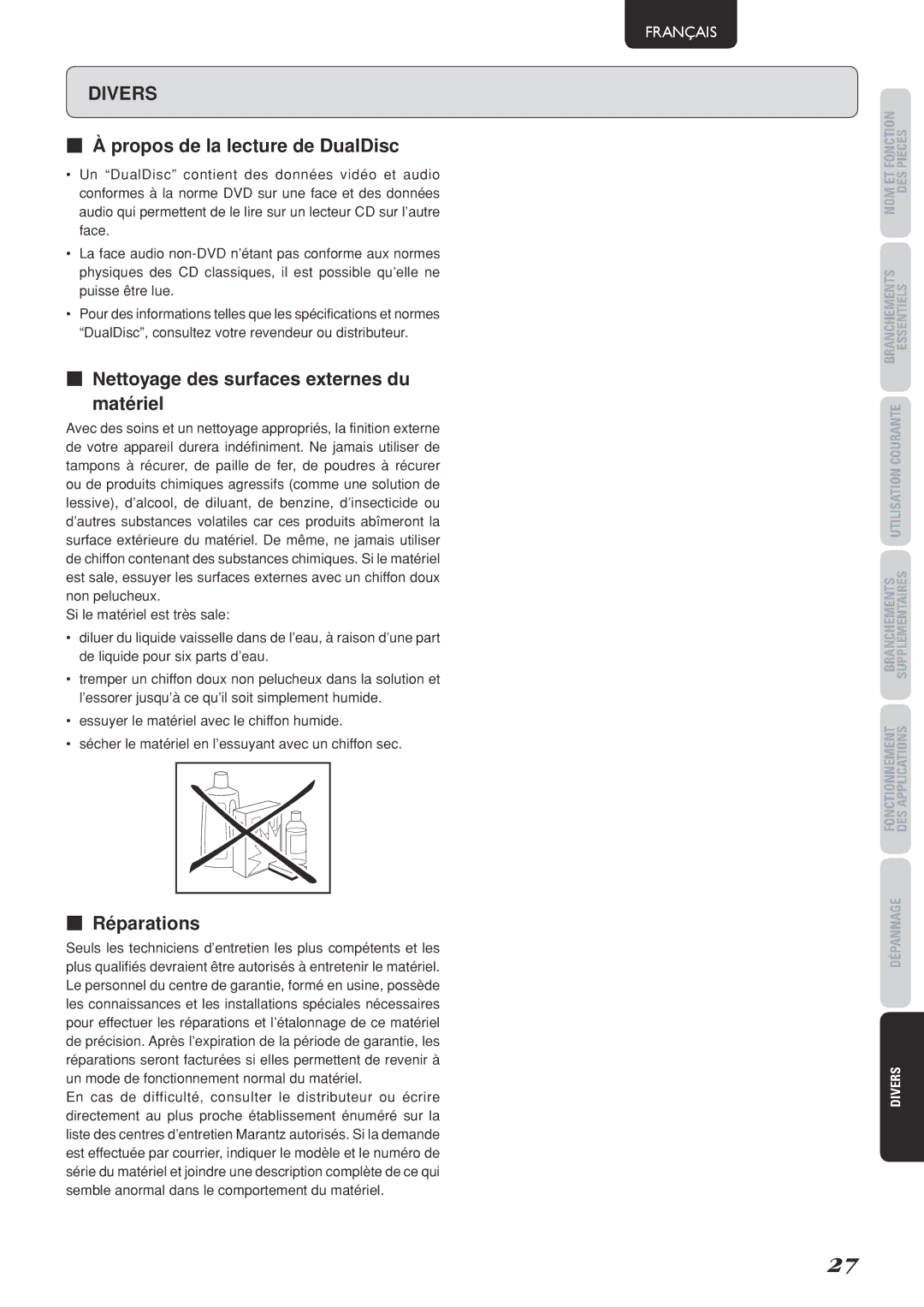 Marantz SA-15S2 manual Propos de la lecture de DualDisc, Nettoyage des surfaces externes du Matériel, Réparations 