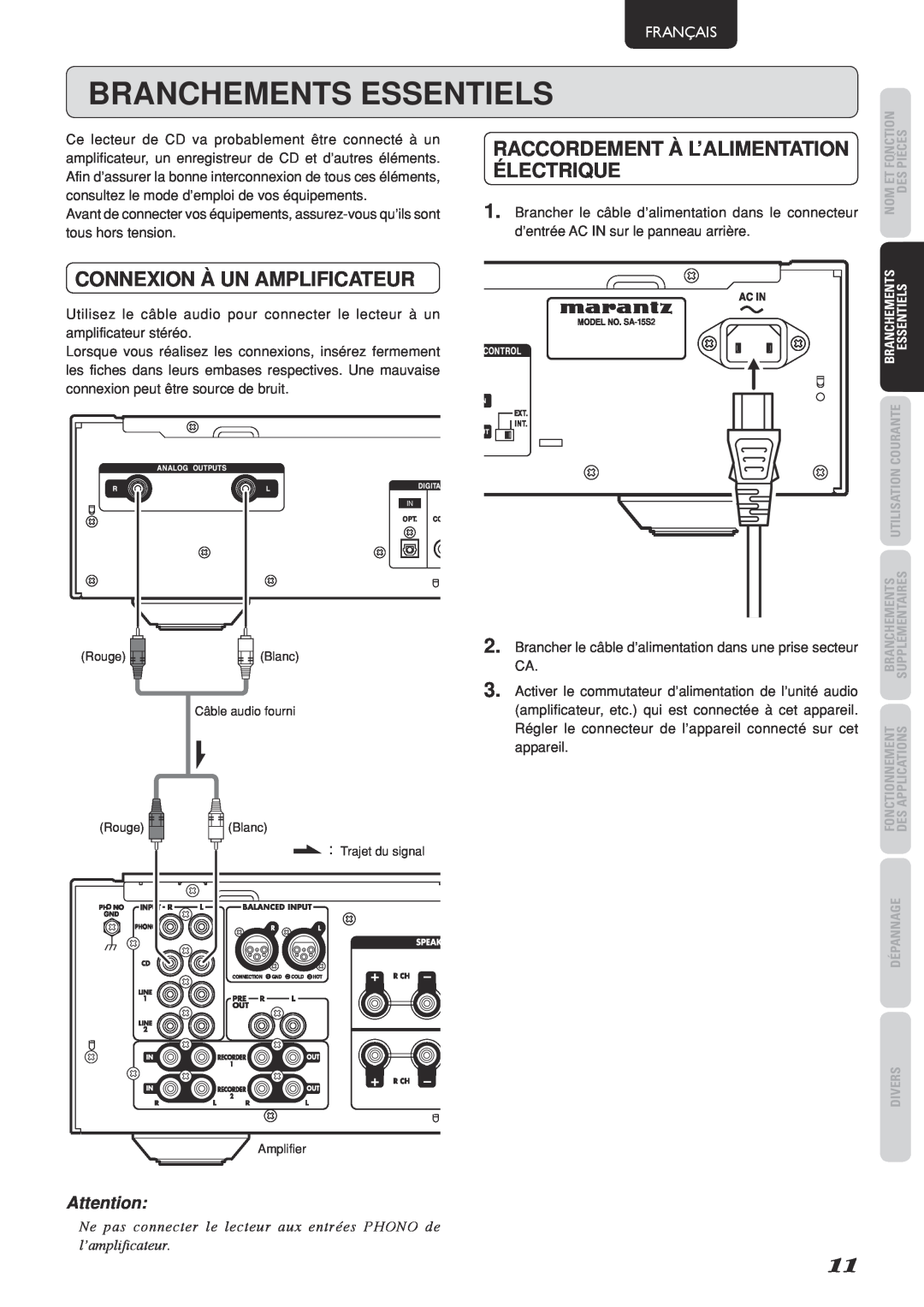 Marantz SA-15S2 Branchements Essentiels, Connexion à un amplificateur, Raccordement À L’Alimentation Électrique, Français 
