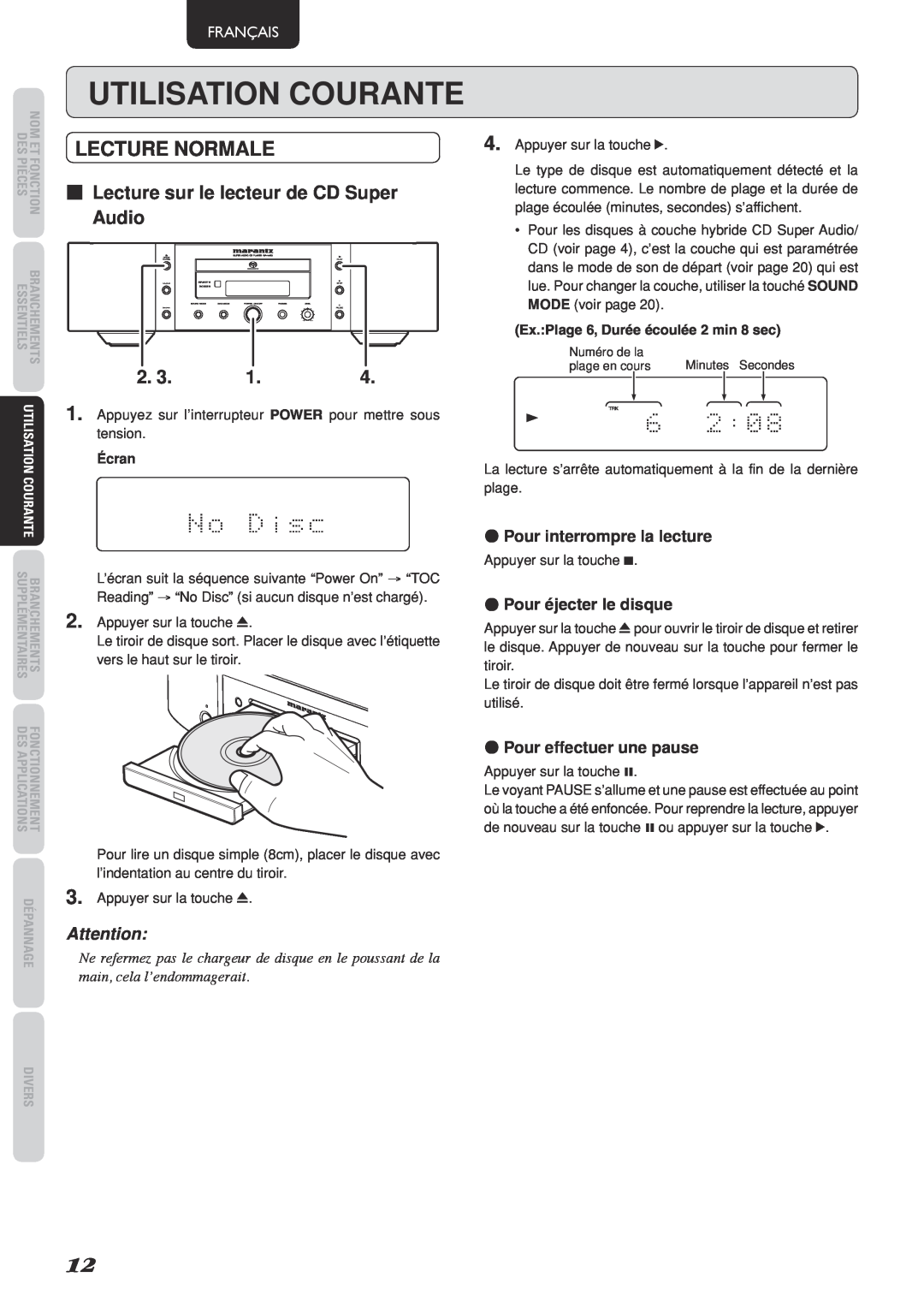 Marantz SA-15S2 Utilisation Courante, Lecture Normale, 7Lecture sur le lecteur de CD Super Audio, ¶Pour éjecter le disque 