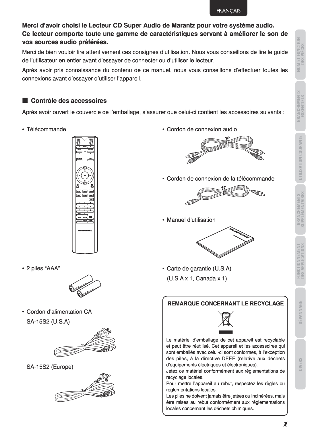 Marantz SA-15S2 manual 7Contrôle des accessoires 