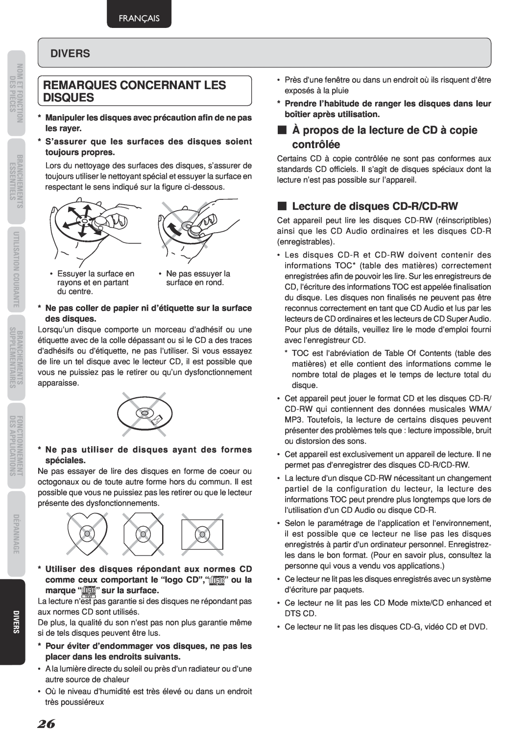 Marantz SA-15S2 manual Remarques concernant les, disques, 7À propos de la lecture de CD à copie contrôlée, Divers, Français 
