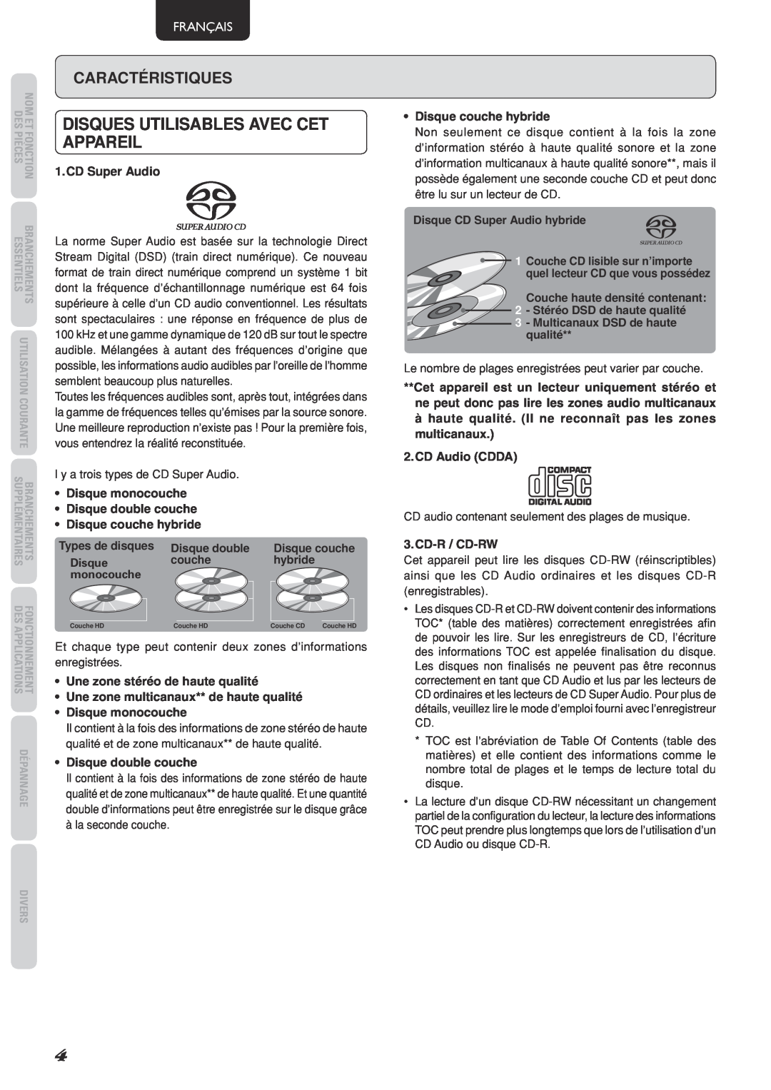 Marantz SA-15S2 manual Disques utilisables avec cet appareil, Caractéristiques, Français 