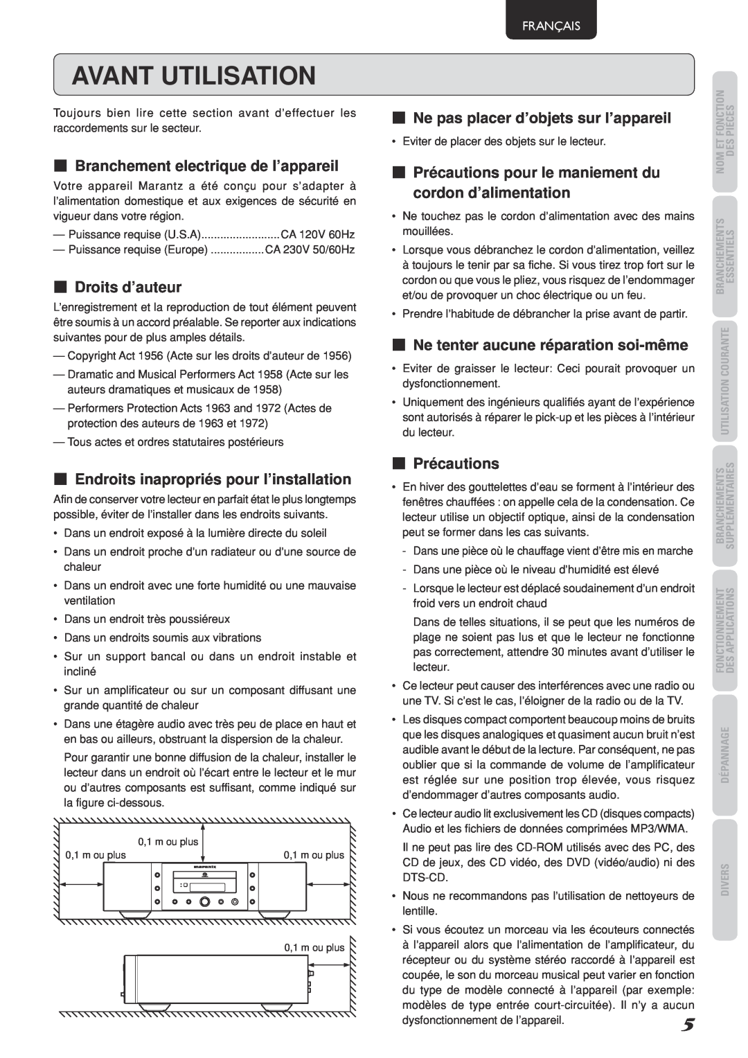 Marantz SA-15S2 manual Avant Utilisation, 7Branchement electrique de l’appareil, 7Droits d’auteur, 7Précautions, Français 