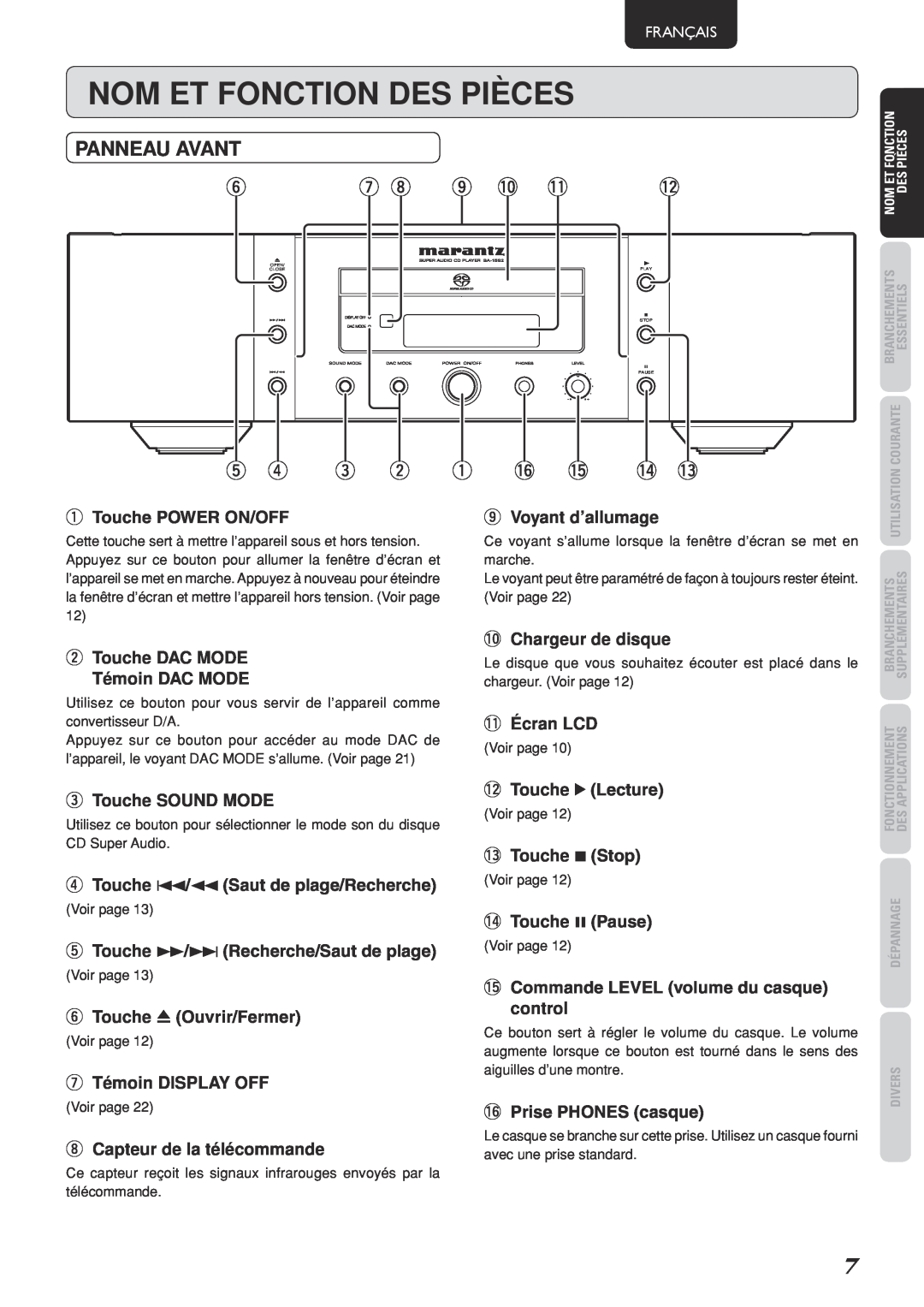 Marantz SA-15S2 manual Nom Et Fonction Des Pièces, Panneau Avant, u i o !0 !1, 6 !5 