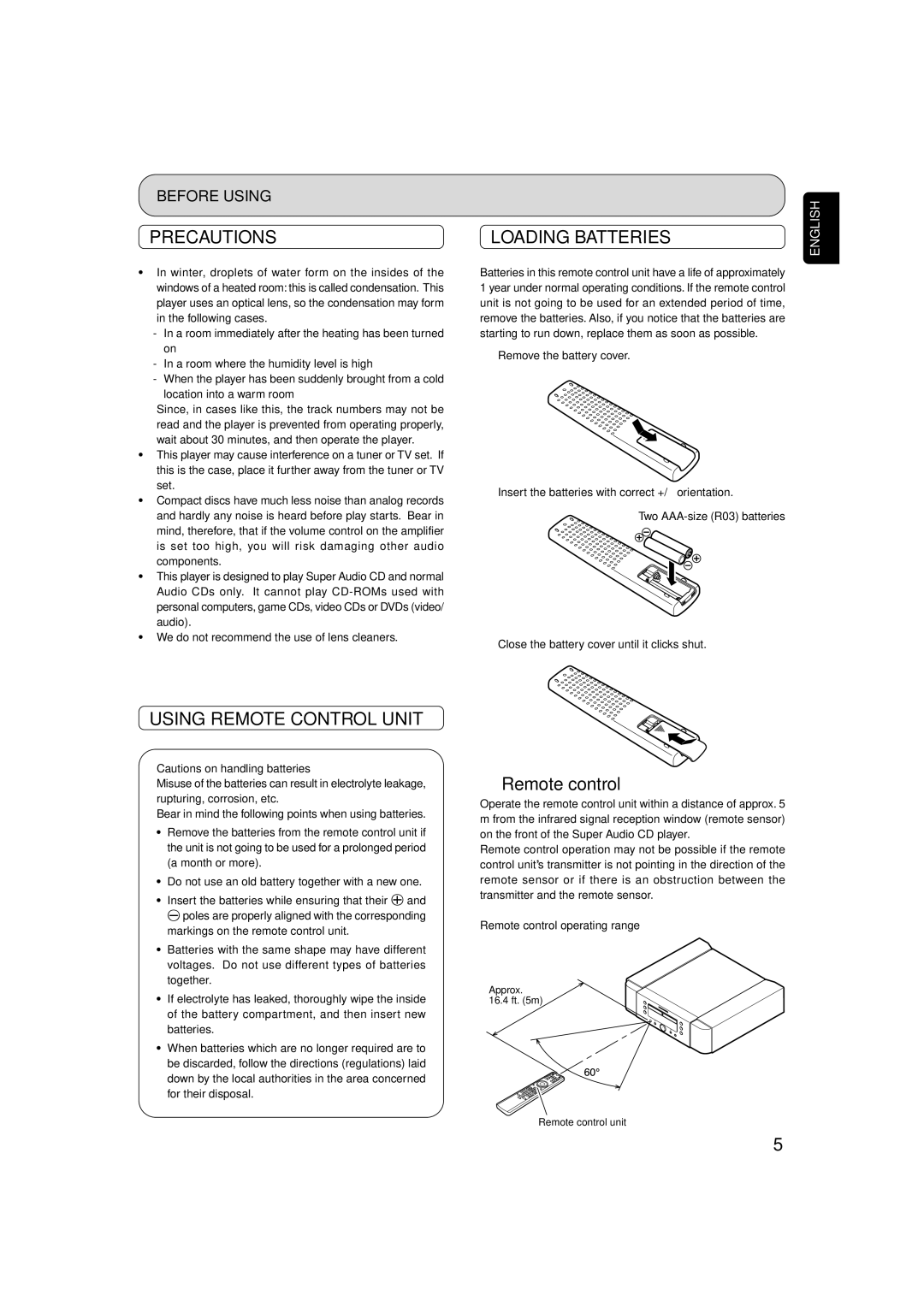 Marantz SA-7S1 manual Precautions, Loading Batteries, Using Remote Control Unit, Remote control 