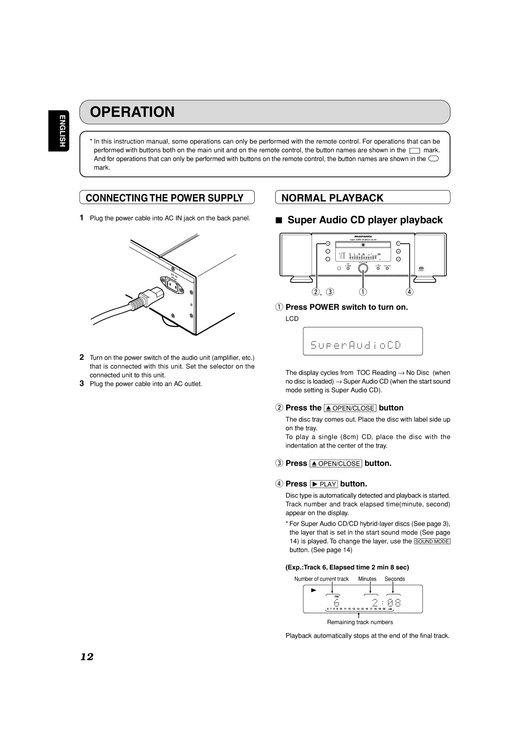 Marantz SA-7S1 manual Operation, Connecting the Power Supply, Normal Playback, Super Audio CD player playback 