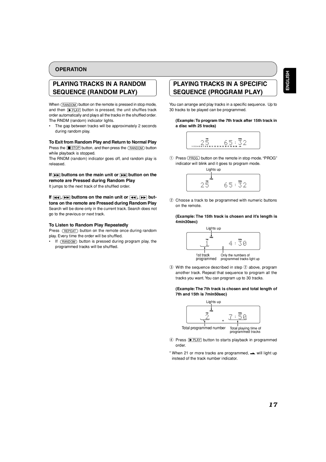 Marantz SA-7S1 Playing Tracks in a Specific, Sequence Program Play, To Exit from Random Play and Return to Normal Play 