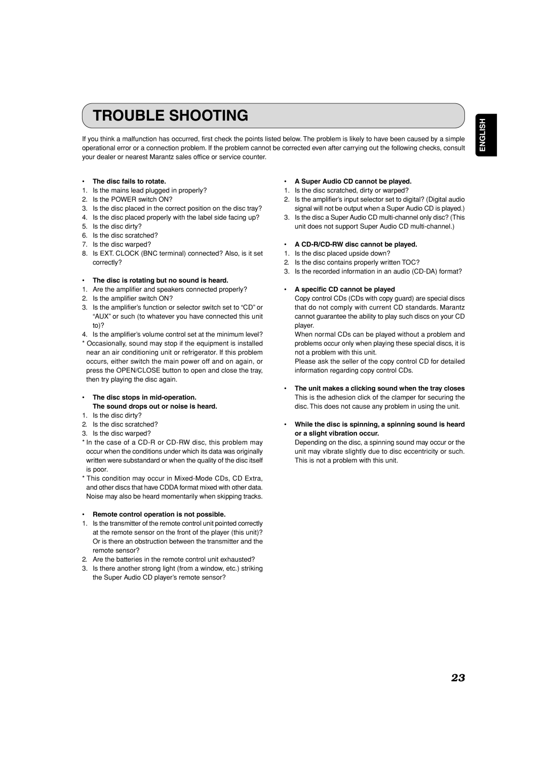 Marantz SA-7S1 manual Trouble Shooting 