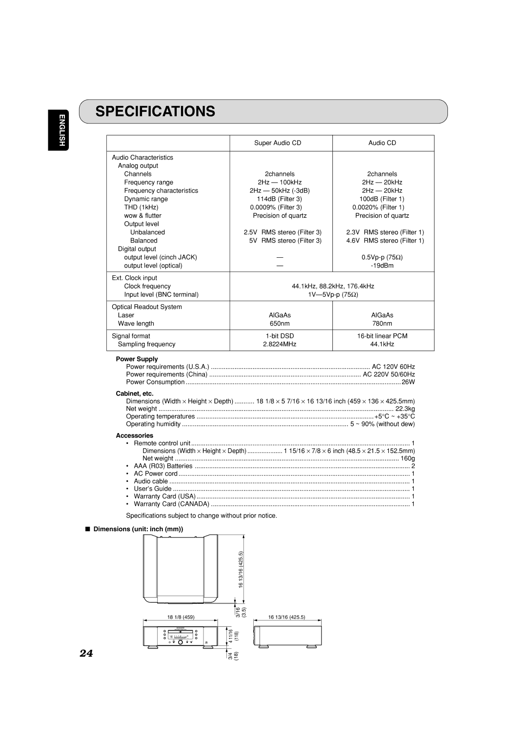 Marantz SA-7S1 manual Specifications, Power Supply, Cabinet, etc, Accessories, Dimensions unit inch mm 