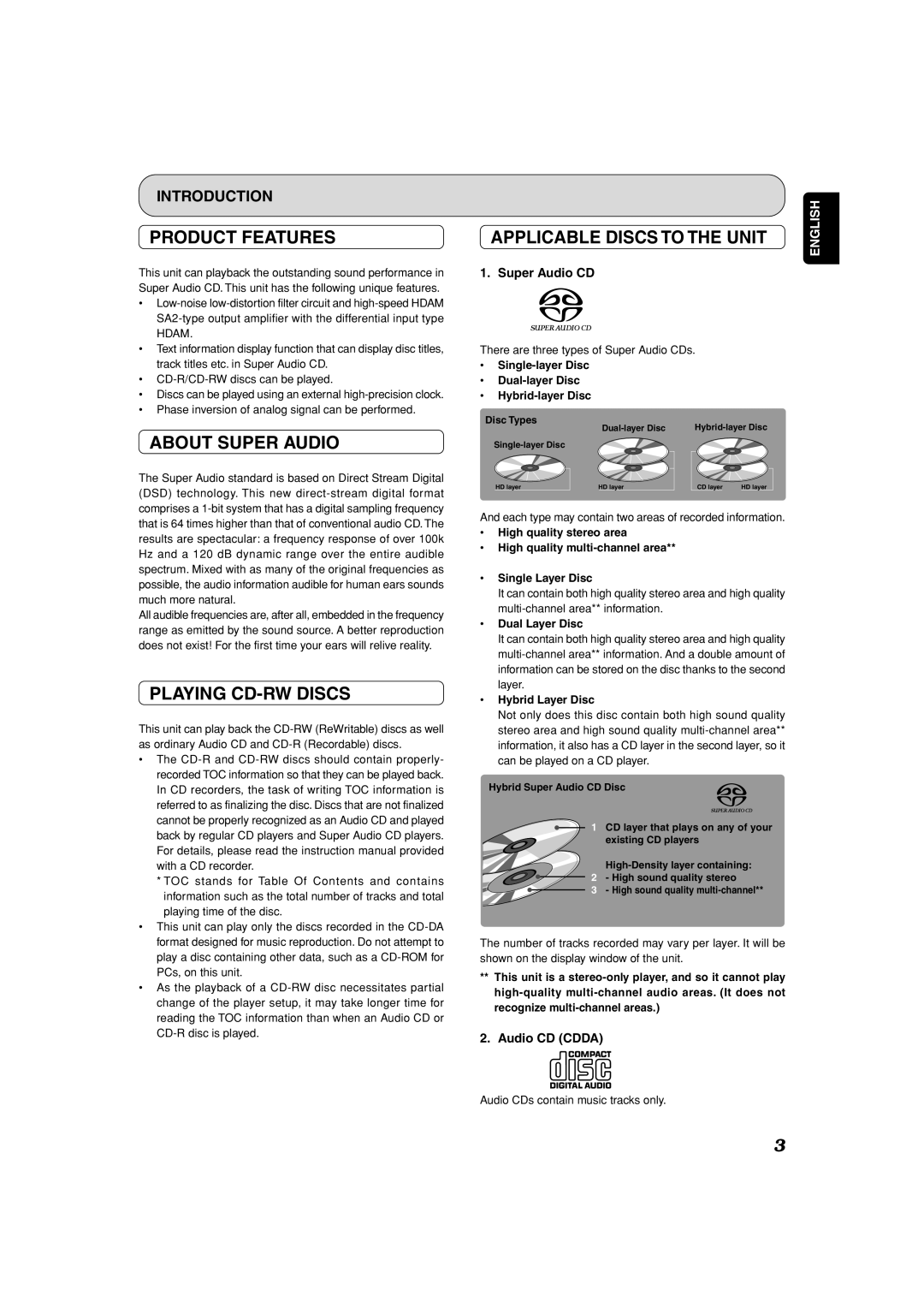 Marantz SA-7S1 manual Product Features, About Super Audio, Playing CD-RW Discs, Audio CD Cdda 