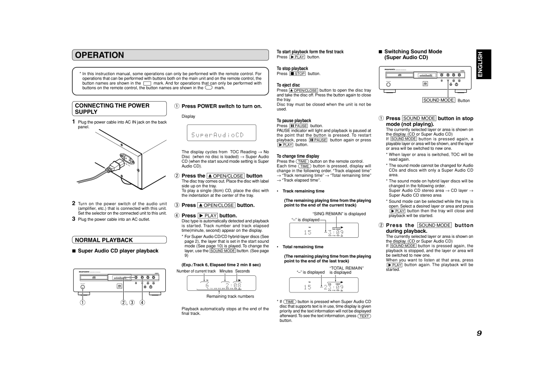 Marantz SA7001 manual Operation, Connecting the Power Supply, Normal Playback 