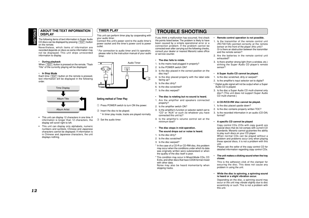 Marantz SA7001 manual Trouble Shooting, About the Text Information Display, Setting method of Timer Play 