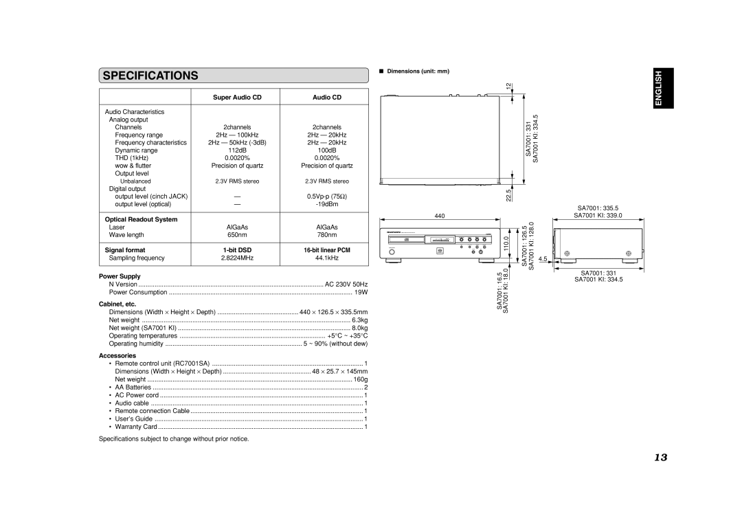 Marantz SA7001 manual Specifications 