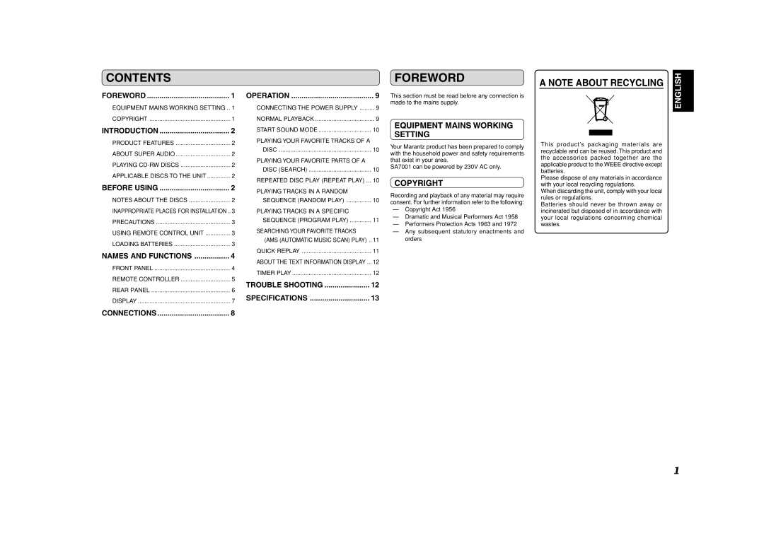 Marantz SA7001 manual Contents, Foreword 