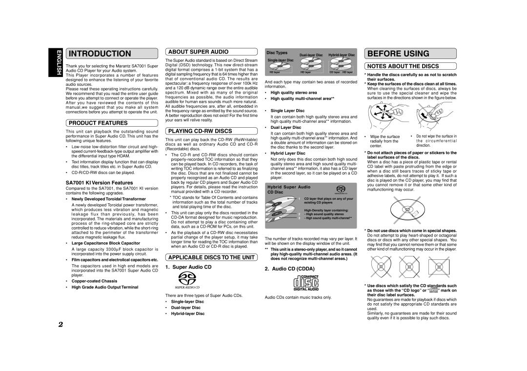 Marantz SA7001 manual Introduction, Before Using 