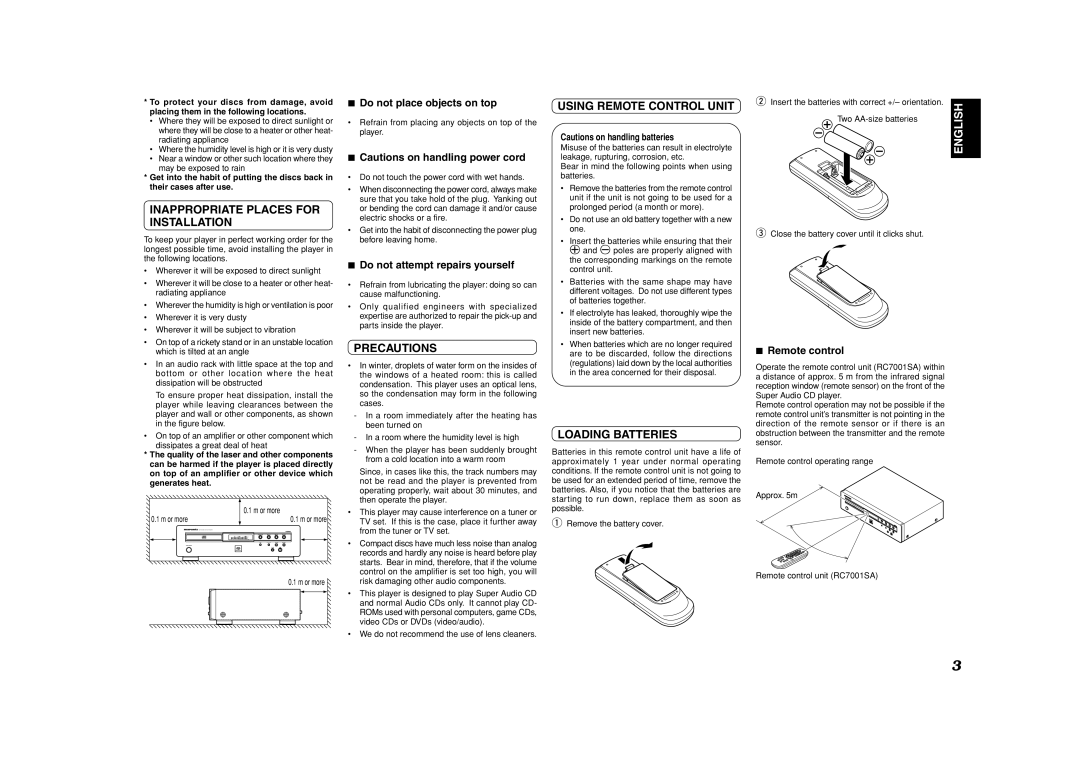 Marantz SA7001 manual Inappropriate Places for, Installation, Precautions, Using Remote Control Unit, Loading Batteries 