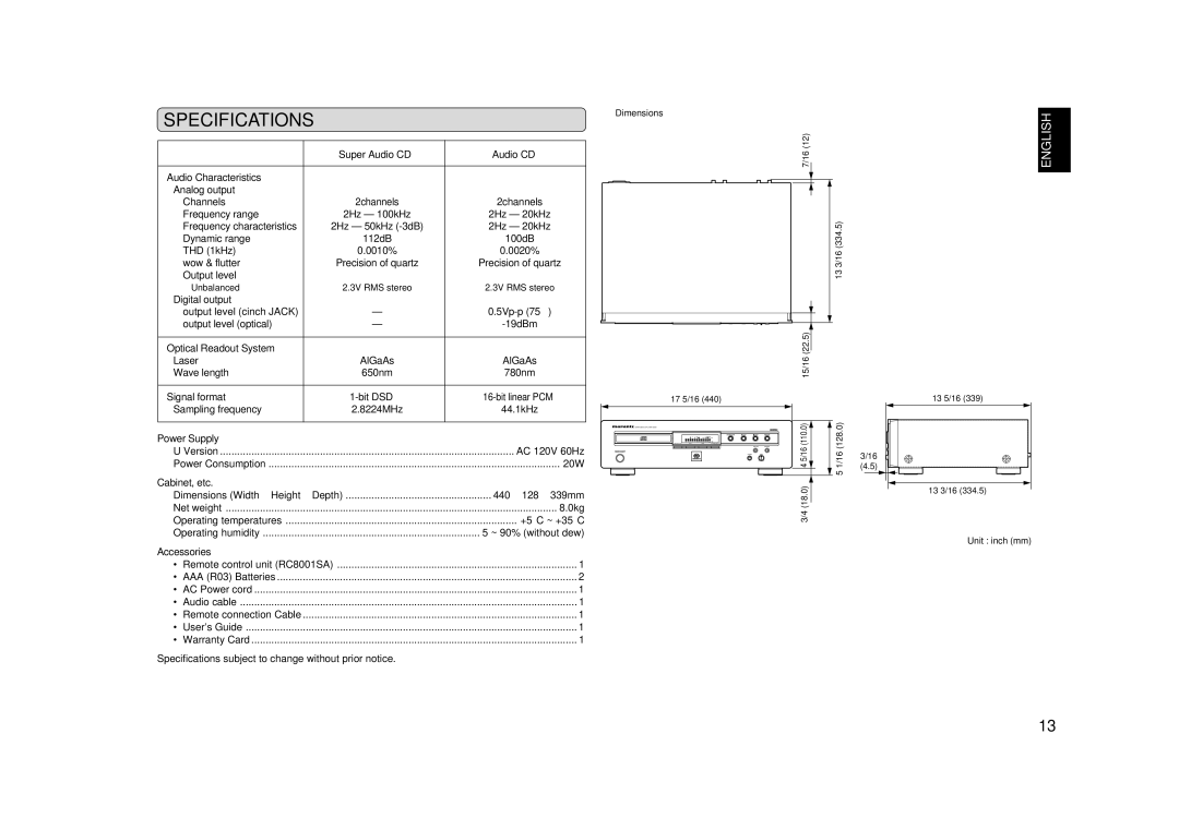 Marantz SA8001 manual Specifications 