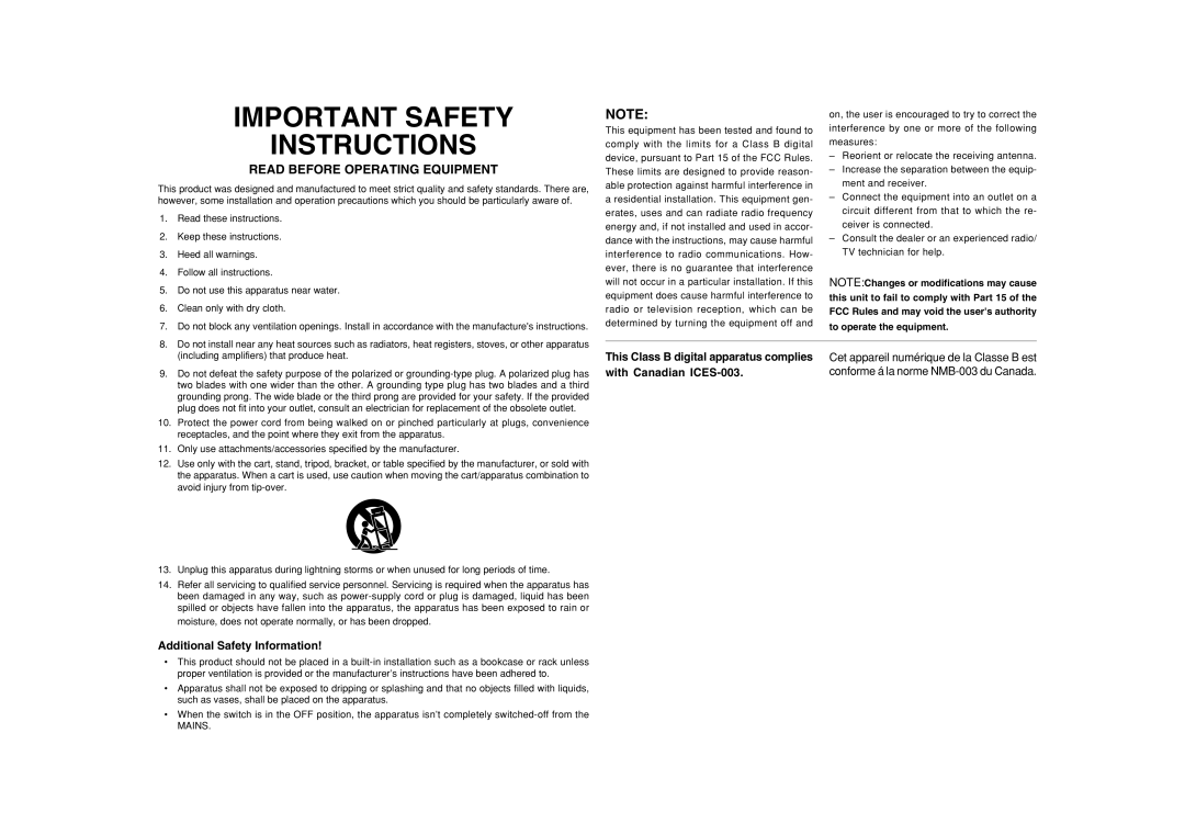 Marantz SA8001 Read Before Operating Equipment, Additional Safety Information, This Class B digital apparatus complies 