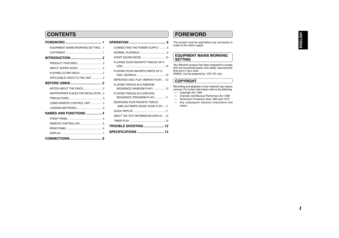 Marantz SA8001 manual Contents, Foreword 