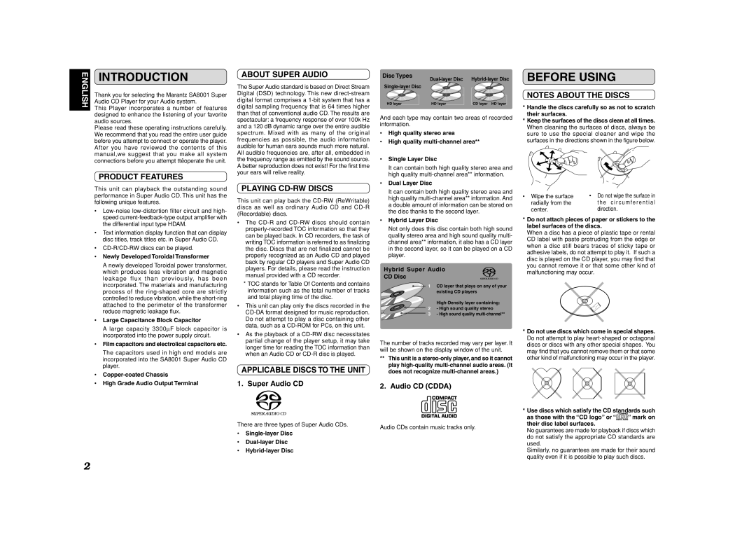 Marantz SA8001 manual Introduction, Before Using 