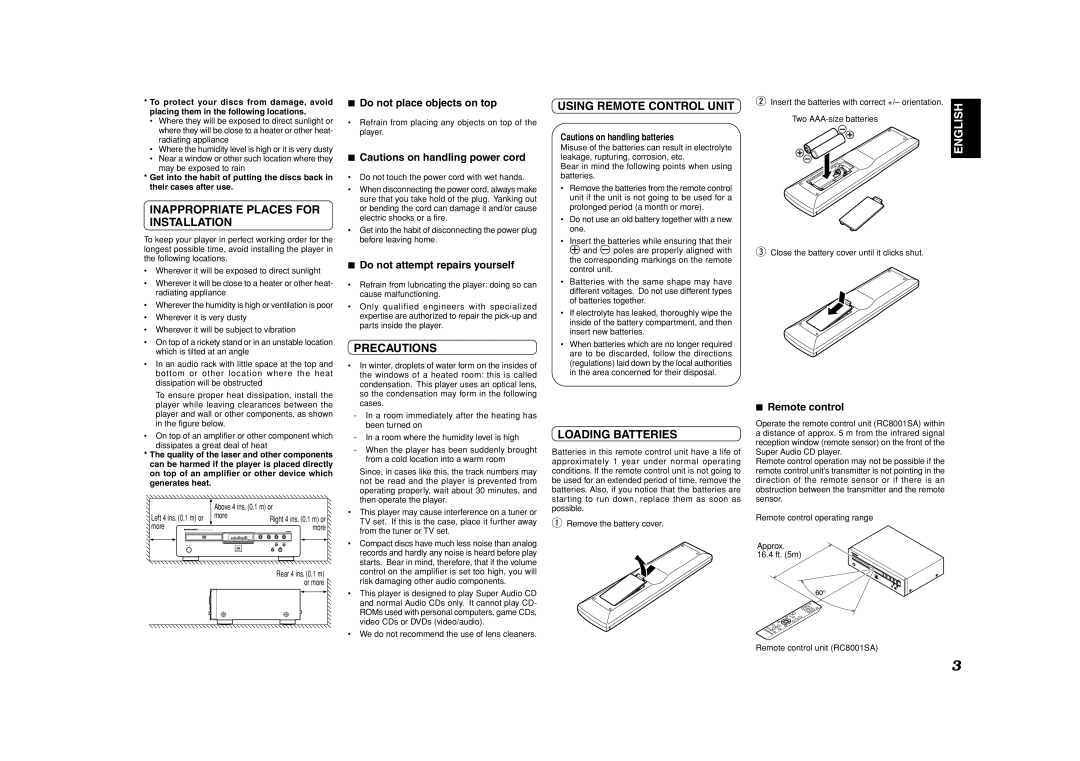 Marantz SA8001 manual Inappropriate Places for Installation, Precautions, Using Remote Control Unit, Loading Batteries 