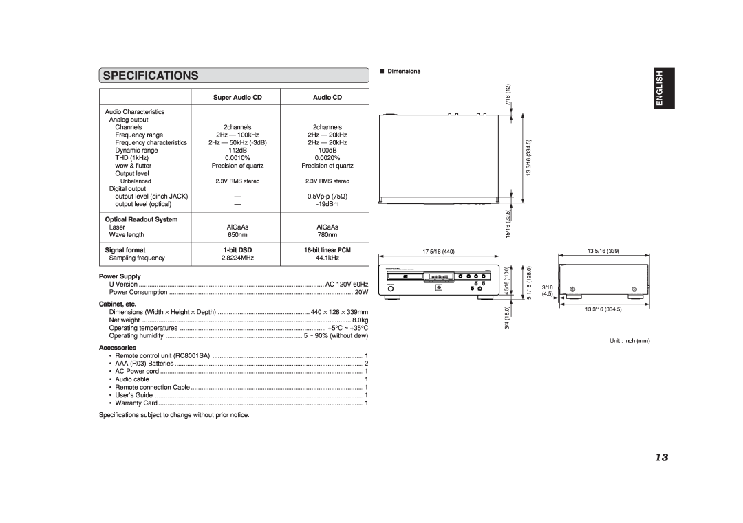 Marantz SA8001 manual Specifications, English, Super Audio CD, Optical Readout System, Signal format, bitDSD, Power Supply 
