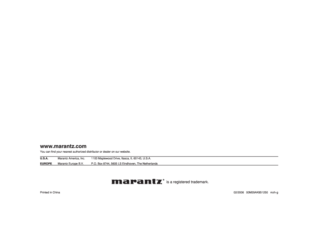 Marantz SA8001 manual is a registered trademark, U.S.A, Europe 