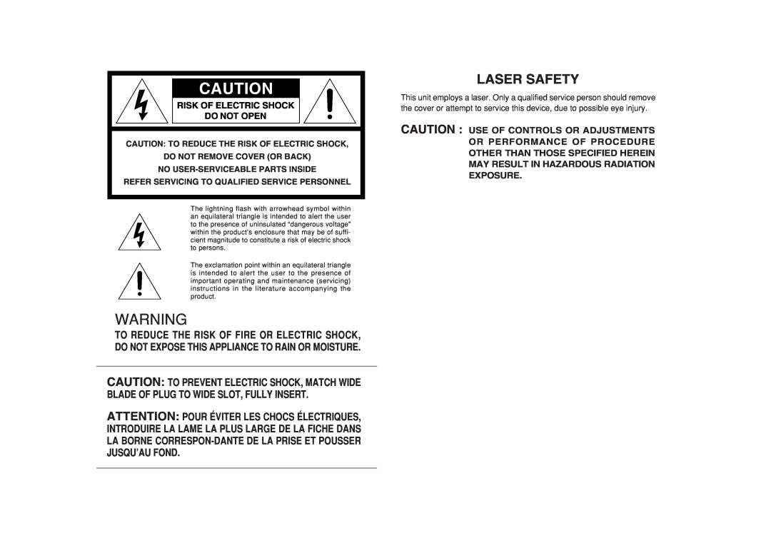 Marantz SA8001 manual Laser Safety, Risk Of Electric Shock Do Not Open 