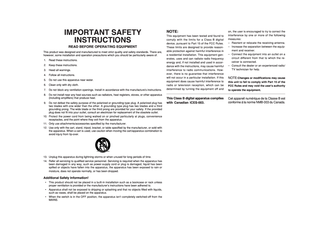 Marantz SA8001 manual Important Safety Instructions, Read Before Operating Equipment, Additional Safety Information 