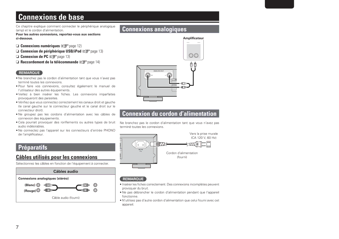 Marantz SA8004 manual Connexions de base, Préparatifs, Connexions analogiques, Connexion du cordon d’alimentation 