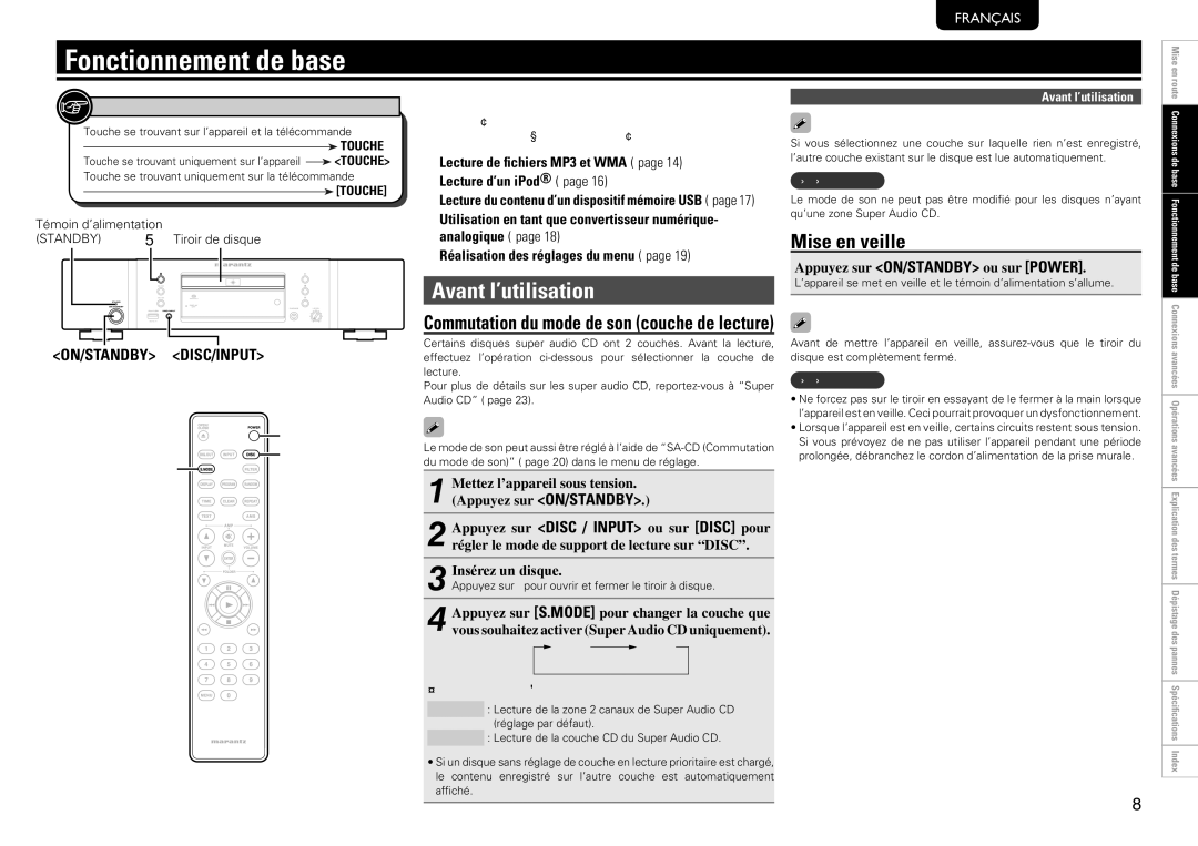 Marantz SA8004 manual Fonctionnement de base, Avant l’utilisation, Mise en veille, Mode 