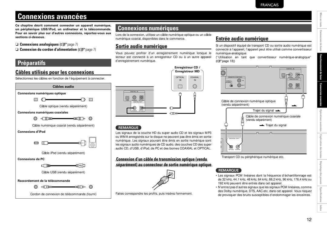 Marantz SA8004 manual Connexions avancées, Connexions numériques, Sortie audio numérique, Entrée audio numérique 