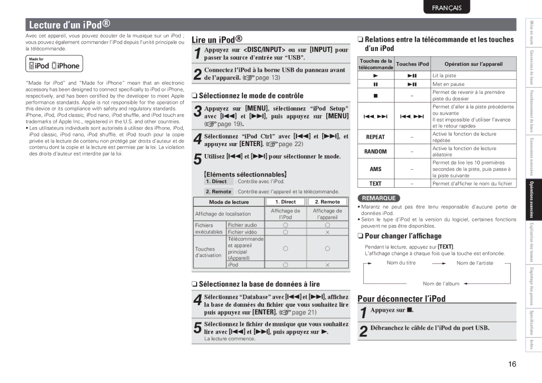 Marantz SA8004 manual Lecture d’un iPod, Lire un iPod, Pour déconnecter l’iPod 