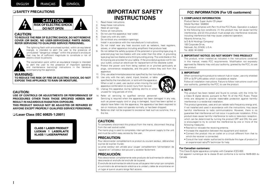 Marantz SA8004 manual NSAFETY Precautions, For Canadian customers 