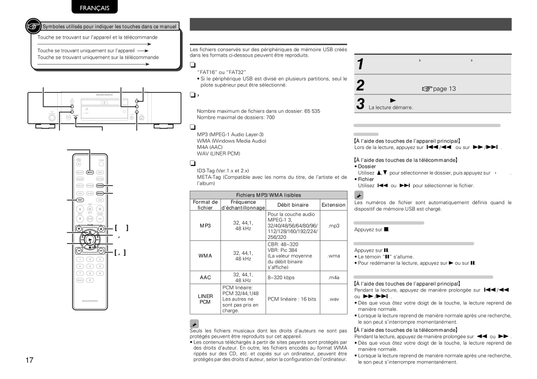 Marantz SA8004 manual Lecture du contenu d’un dispositif mémoire USB, Formats de mémoire USB lisibles 