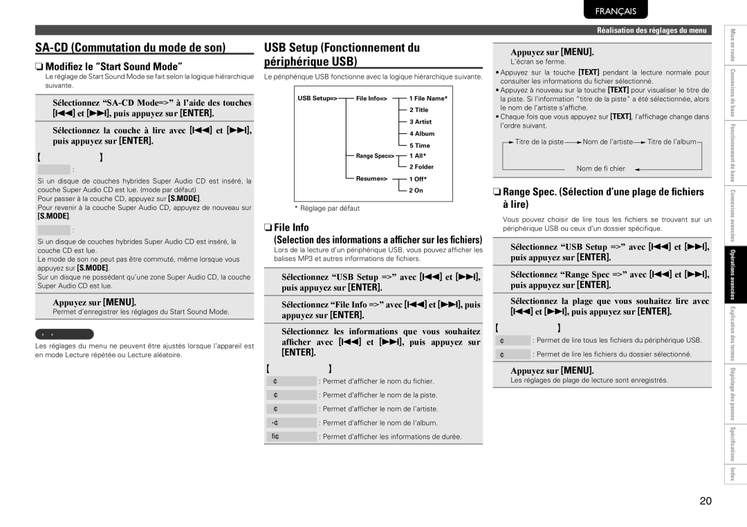 Marantz SA8004 manual NnModifiez le Start Sound Mode, NnFile Info, NnRange Spec. Sélection d’une plage de fichiers à lire 