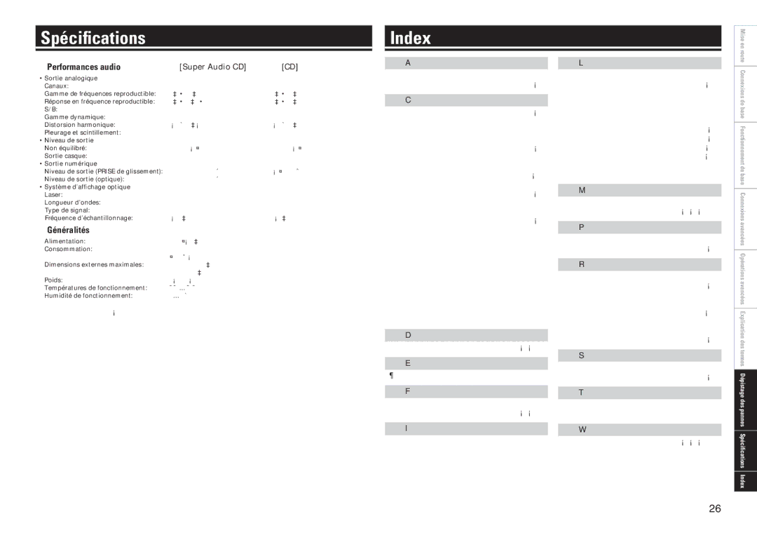 Marantz SA8004 manual Spécifications, Index, Nn Performances audio, Nn Généralités, Lecture 