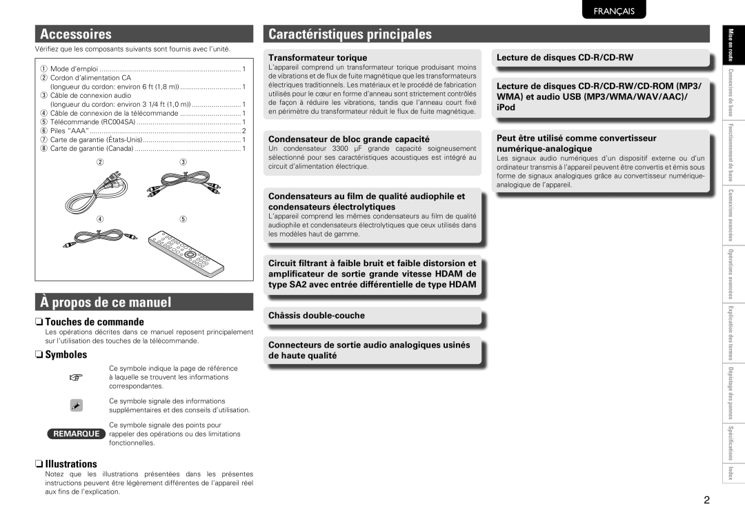 Marantz SA8004 manual Accessoires, Propos de ce manuel, Caractéristiques principales 