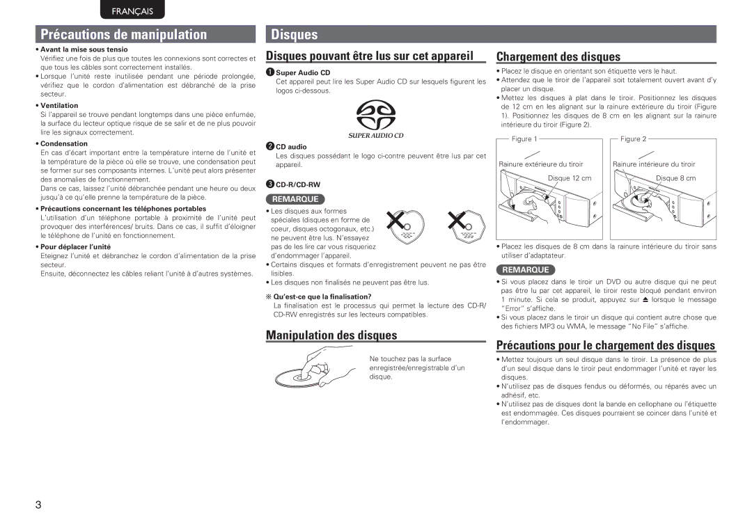 Marantz SA8004 manual Précautions de manipulation, Disques, Chargement des disques, Manipulation des disques 