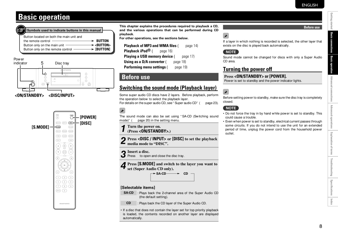 Marantz SA8004 manual Basic operation, Before use, Turning the power off, Selectable items 