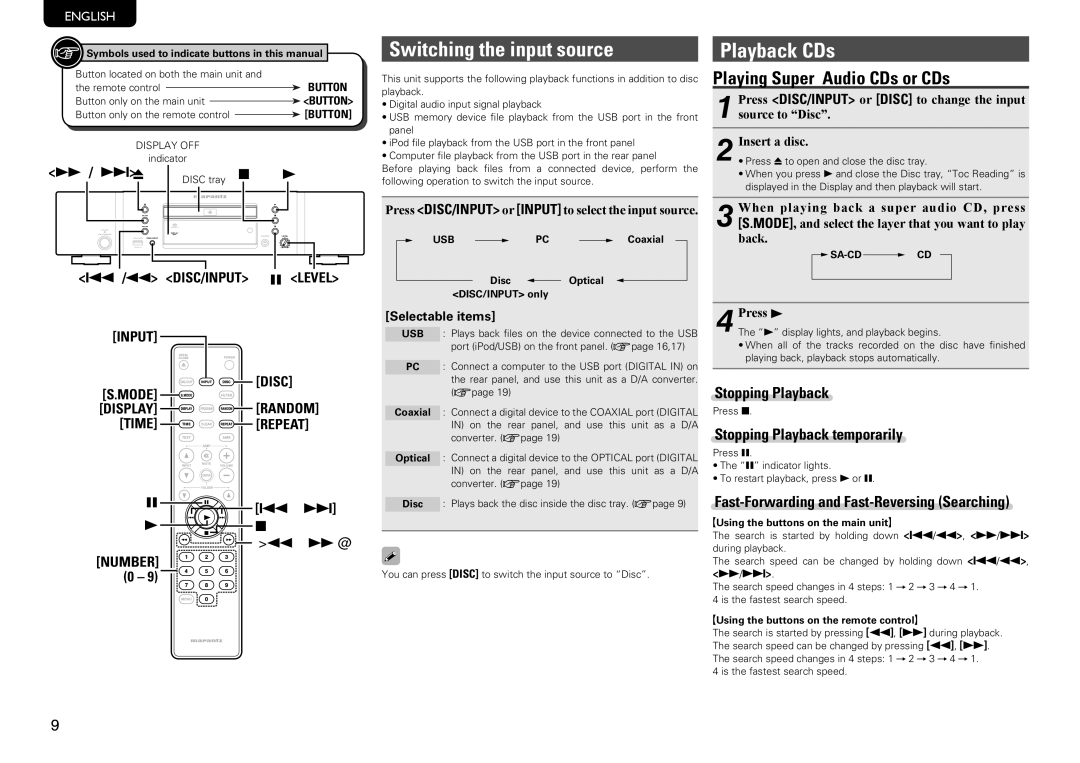 Marantz SA8004 manual Switching the input source, Playback CDs, Playing Super Audio CDs or CDs 