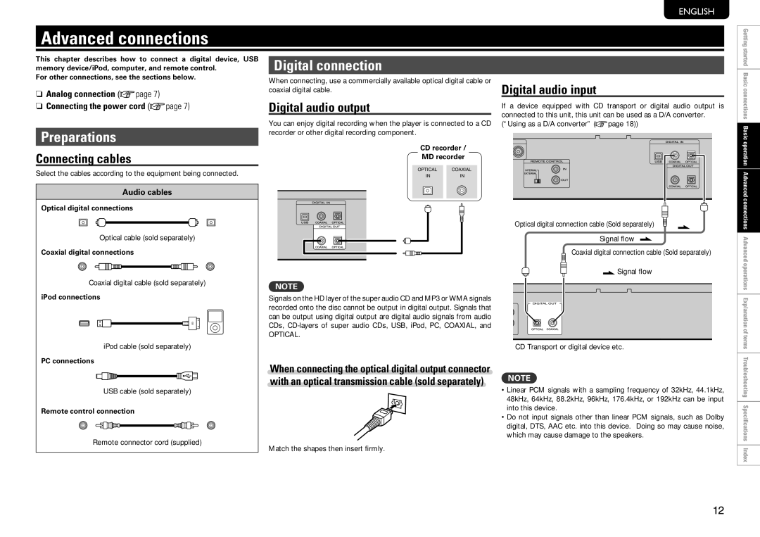 Marantz SA8004 manual Advanced connections, Digital connection, Digital audio output, Digital audio input 