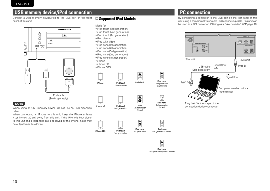 Marantz SA8004 manual PC connection, NnSupported iPod Models, Unit USB port USB cable Signal flow Type B Sold separately 