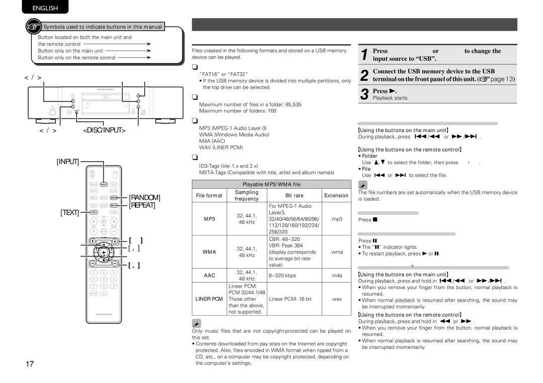 Marantz SA8004 manual Playing a USB memory device, Playable USB memory formats, NUSB-Compatible file systems, NFile format 