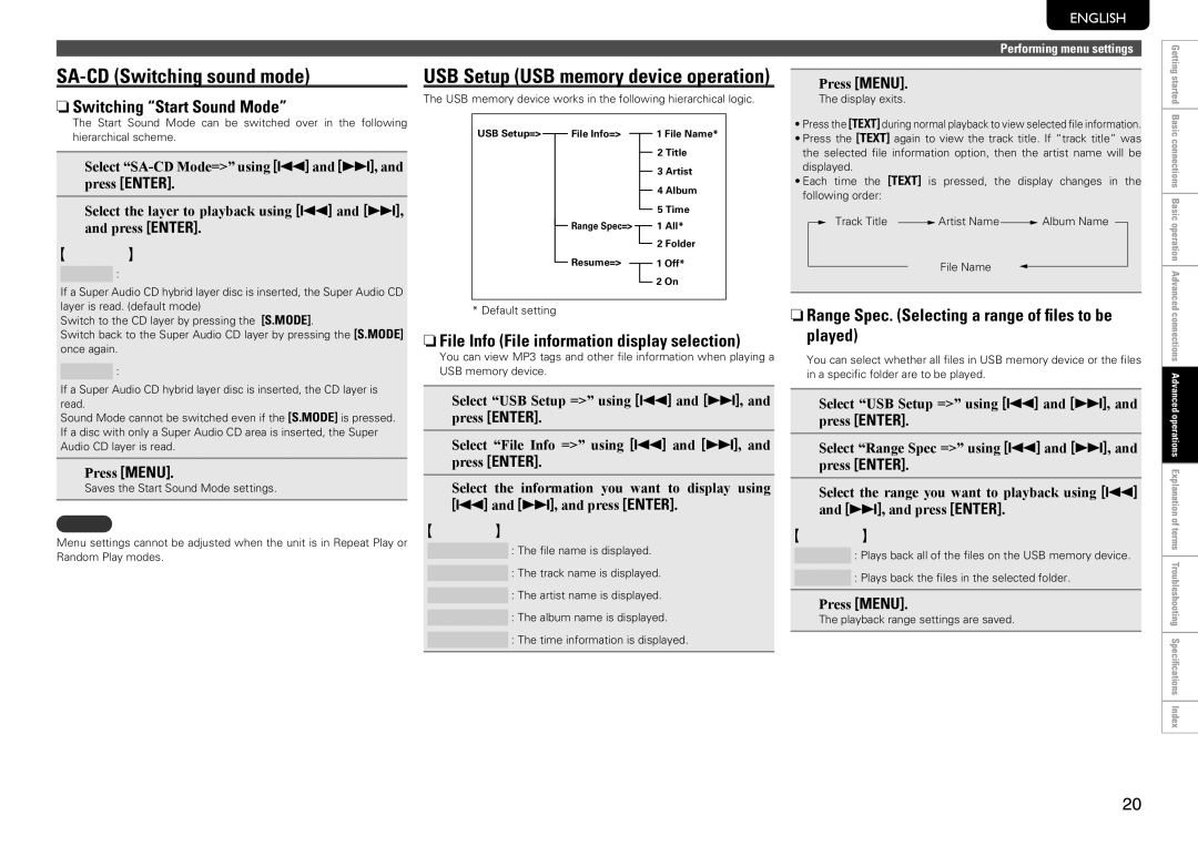 Marantz SA8004 SA-CD Switching sound mode, NnSwitching Start Sound Mode, NnFile Info File information display selection 